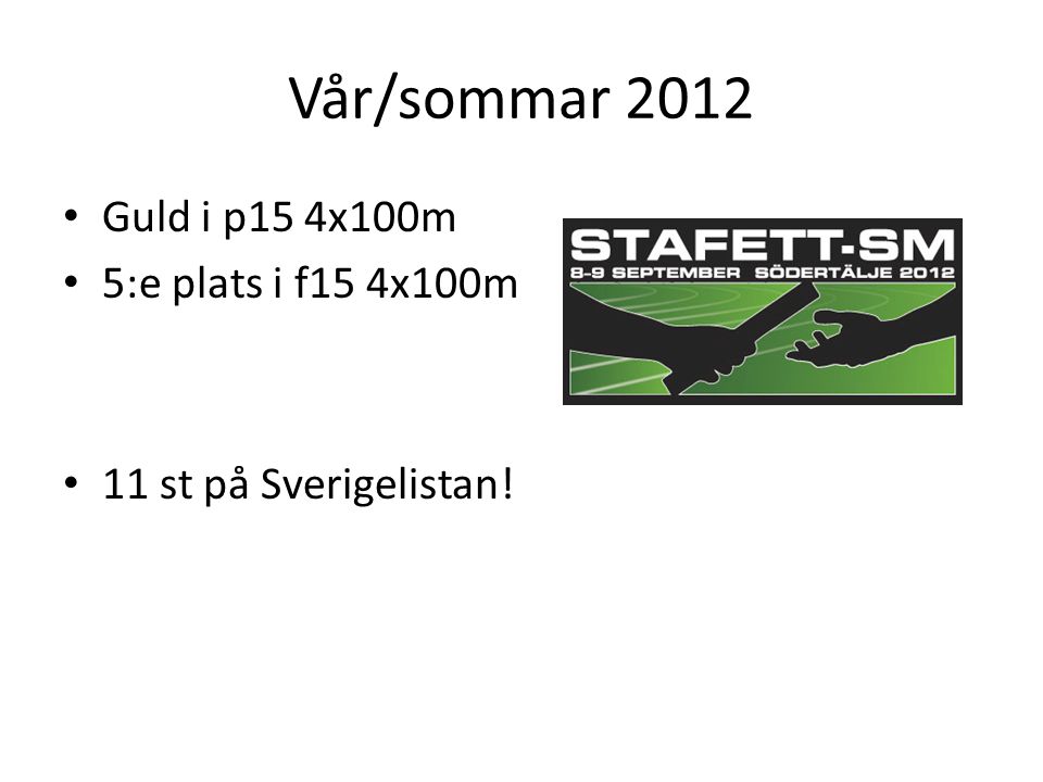 Guld i p15 4x100m 5:e plats i f15 4x100m 11 st på Sverigelistan!