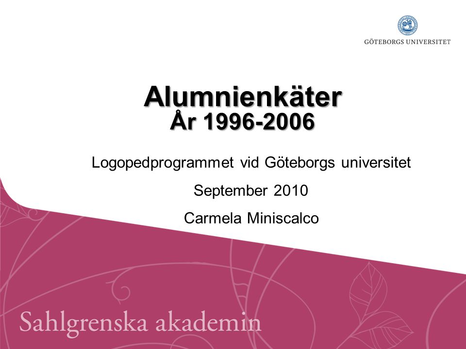 Alumnienkäter År Logopedprogrammet vid Göteborgs universitet September 2010 Carmela Miniscalco
