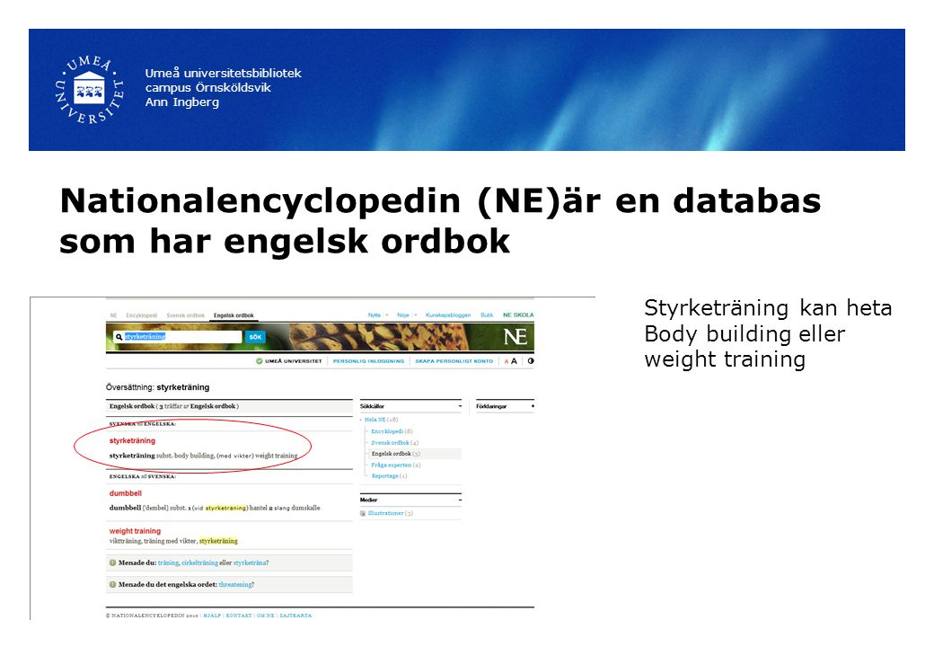 Nationalencyclopedin (NE)är en databas som har engelsk ordbok Umeå universitetsbibliotek campus Örnsköldsvik Ann Ingberg Styrketräning kan heta Body building eller weight training