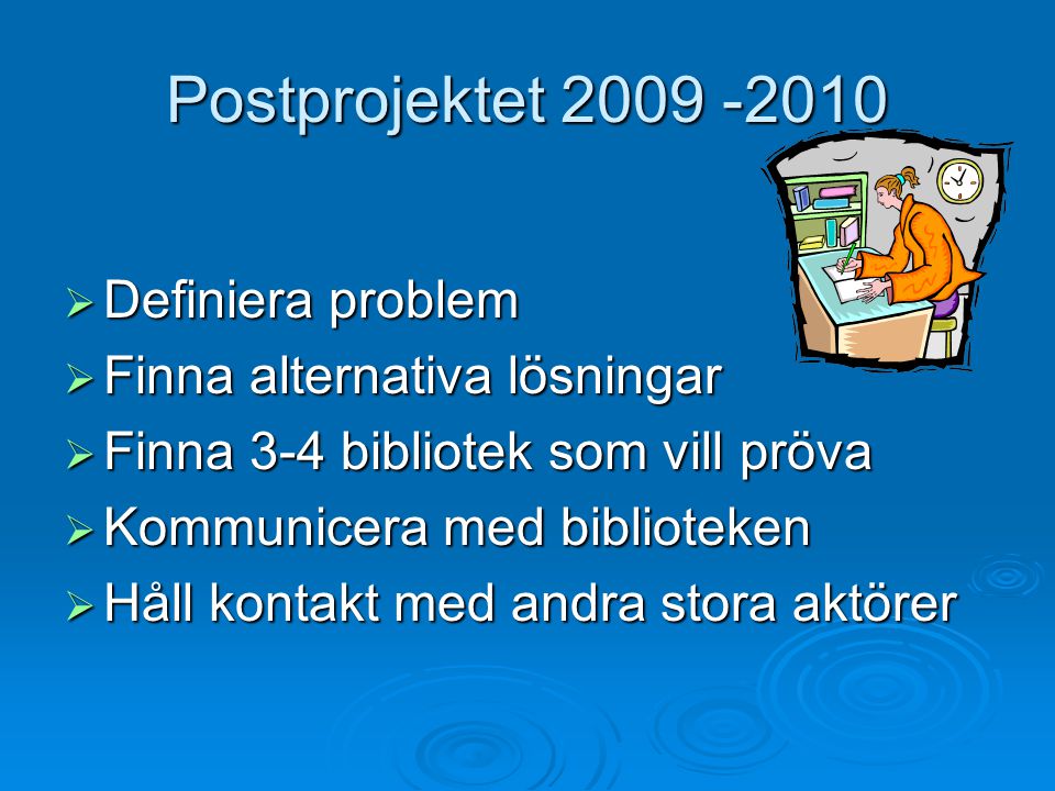 Postprojektet  Definiera problem  Finna alternativa lösningar  Finna 3-4 bibliotek som vill pröva  Kommunicera med biblioteken  Håll kontakt med andra stora aktörer