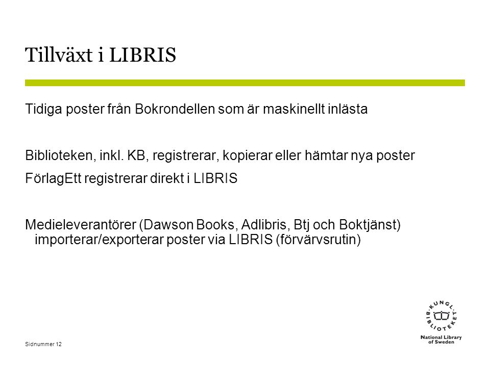 Sidnummer 12 Tillväxt i LIBRIS Tidiga poster från Bokrondellen som är maskinellt inlästa Biblioteken, inkl.