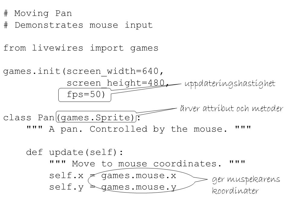 # Moving Pan # Demonstrates mouse input from livewires import games games.init(screen_width=640, screen_height=480, fps=50) class Pan(games.Sprite): A pan.