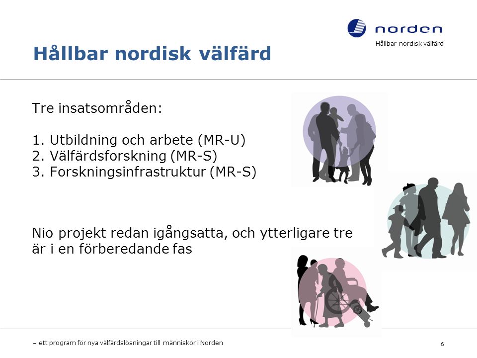 Hållbar nordisk välfärd Tre insatsområden: 1. Utbildning och arbete (MR-U) 2.