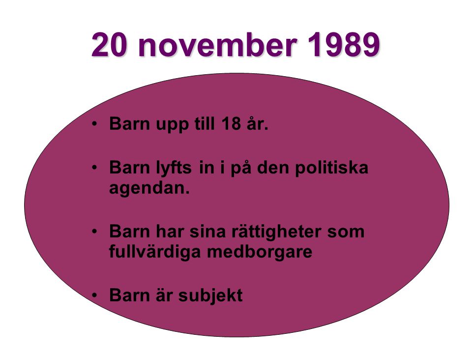 20 november 1989 Barn upp till 18 år. Barn lyfts in i på den politiska agendan.