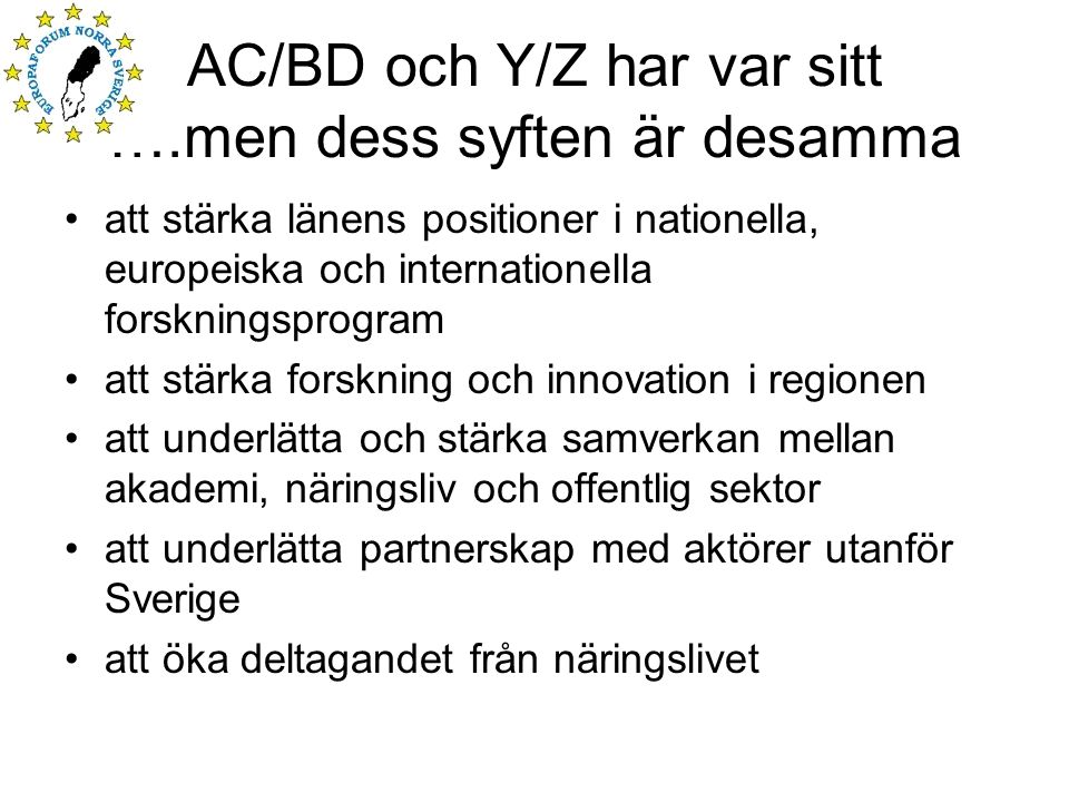 AC/BD och Y/Z har var sitt ….men dess syften är desamma att stärka länens positioner i nationella, europeiska och internationella forskningsprogram att stärka forskning och innovation i regionen att underlätta och stärka samverkan mellan akademi, näringsliv och offentlig sektor att underlätta partnerskap med aktörer utanför Sverige att öka deltagandet från näringslivet