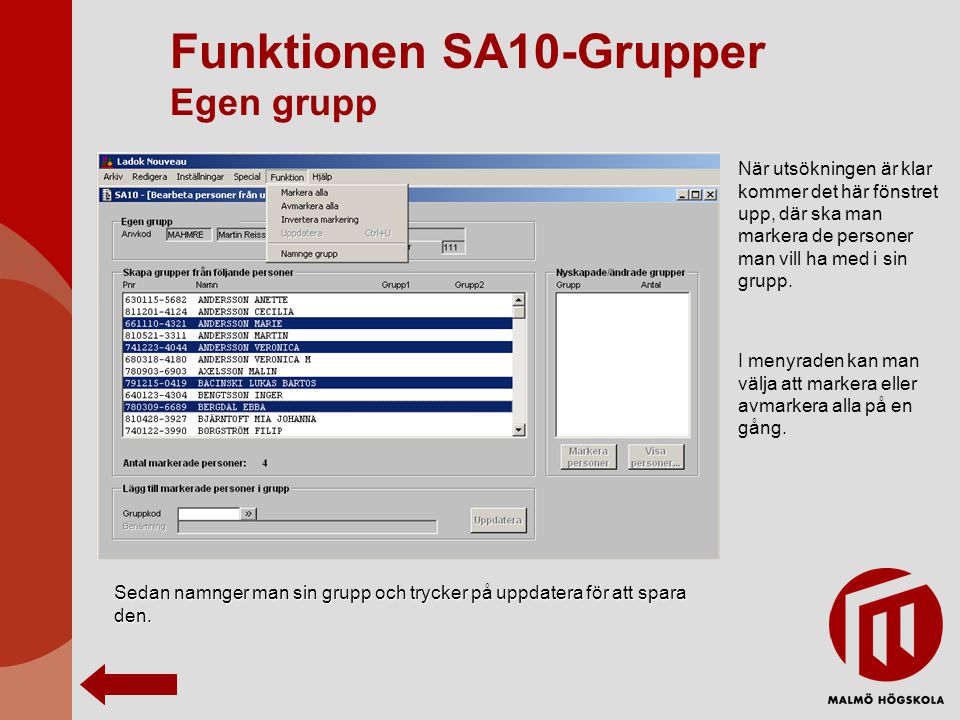Funktionen SA10-Grupper Egen grupp När utsökningen är klar kommer det här fönstret upp, där ska man markera de personer man vill ha med i sin grupp.