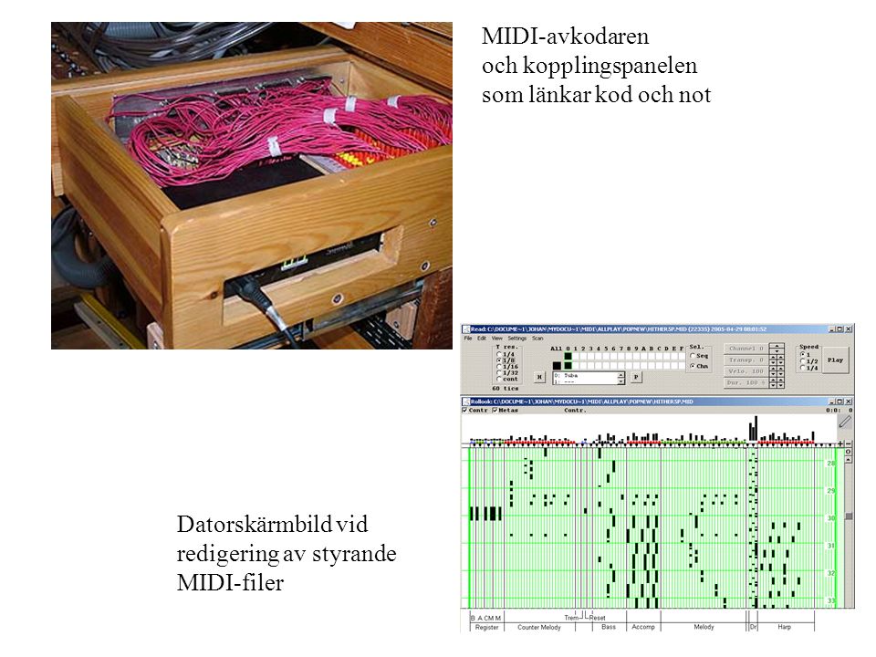 MIDI-avkodaren och kopplingspanelen som länkar kod och not Datorskärmbild vid redigering av styrande MIDI-filer