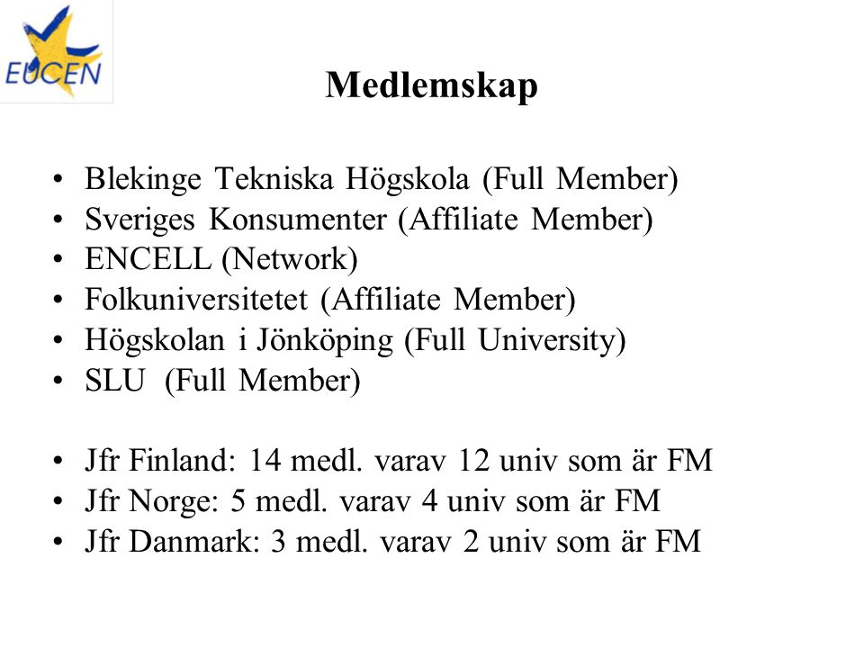 Blekinge Tekniska Högskola (Full Member) Sveriges Konsumenter (Affiliate Member) ENCELL (Network) Folkuniversitetet (Affiliate Member) Högskolan i Jönköping (Full University) SLU (Full Member) Jfr Finland: 14 medl.