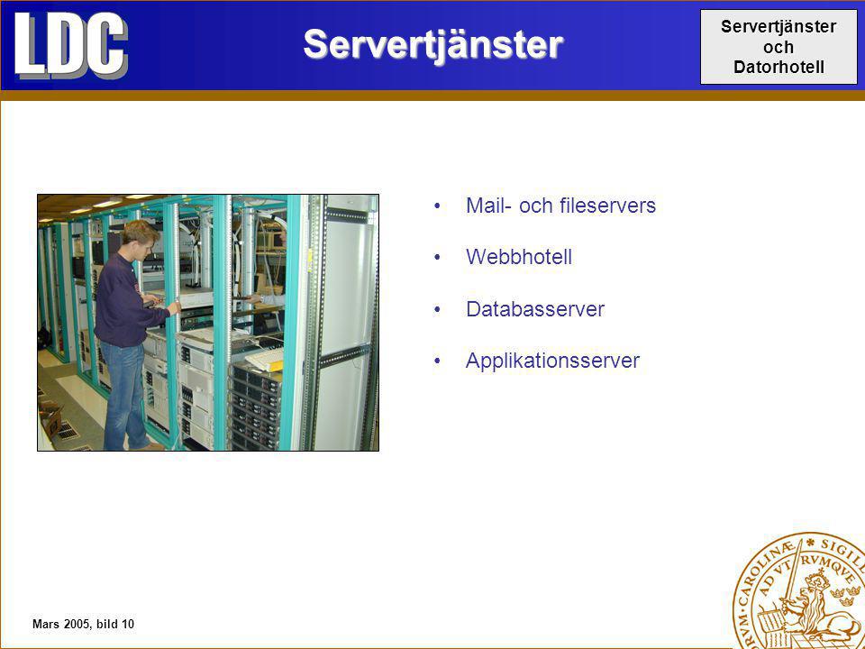Mars 2005, bild 10Servertjänster Mail- och fileservers Webbhotell Databasserver Applikationsserver ServertjänsterochDatorhotell