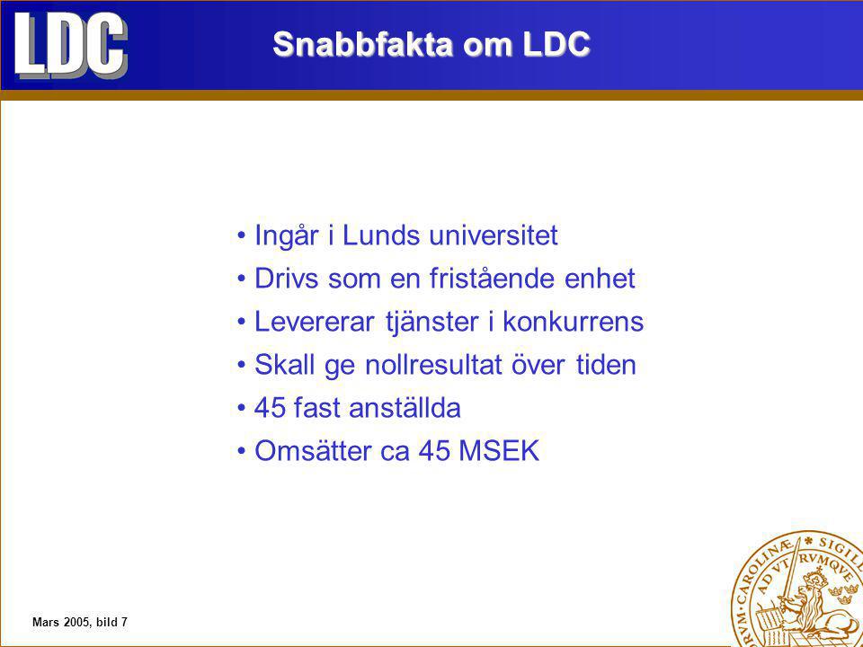 Mars 2005, bild 7 Snabbfakta om LDC Ingår i Lunds universitet Drivs som en fristående enhet Levererar tjänster i konkurrens Skall ge nollresultat över tiden 45 fast anställda Omsätter ca 45 MSEK