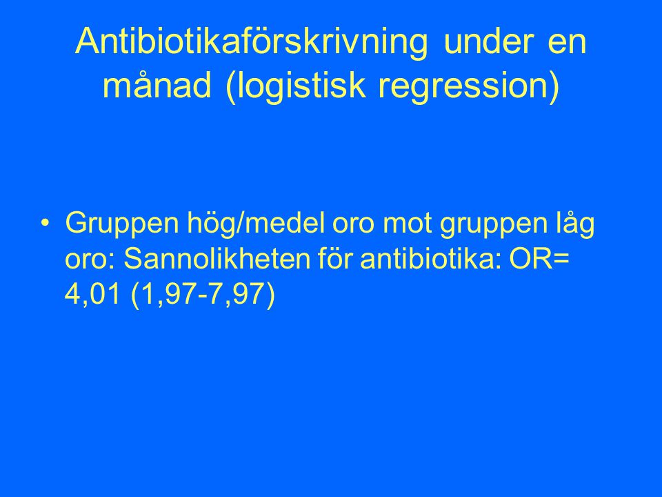 Antibiotikaförskrivning under en månad (logistisk regression) Gruppen hög/medel oro mot gruppen låg oro: Sannolikheten för antibiotika: OR= 4,01 (1,97-7,97)