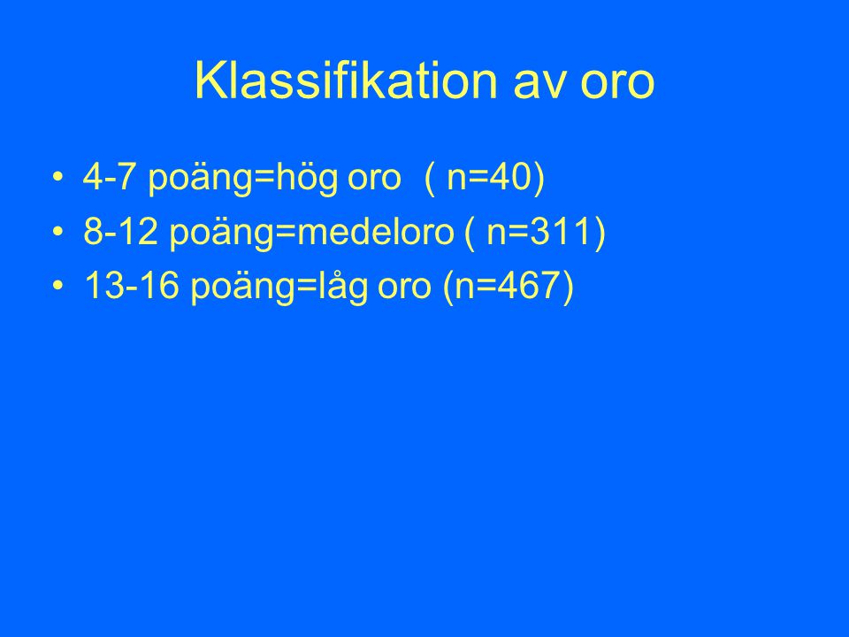 Klassifikation av oro 4-7 poäng=hög oro ( n=40) 8-12 poäng=medeloro ( n=311) poäng=låg oro (n=467)