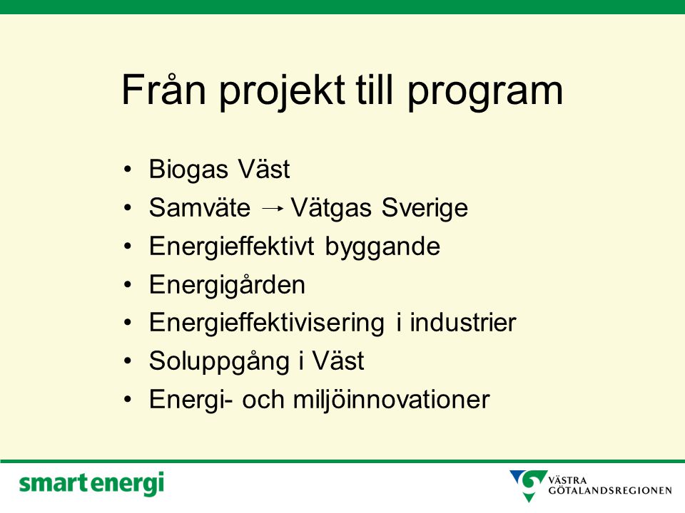 Från projekt till program Biogas Väst Samväte Vätgas Sverige Energieffektivt byggande Energigården Energieffektivisering i industrier Soluppgång i Väst Energi- och miljöinnovationer