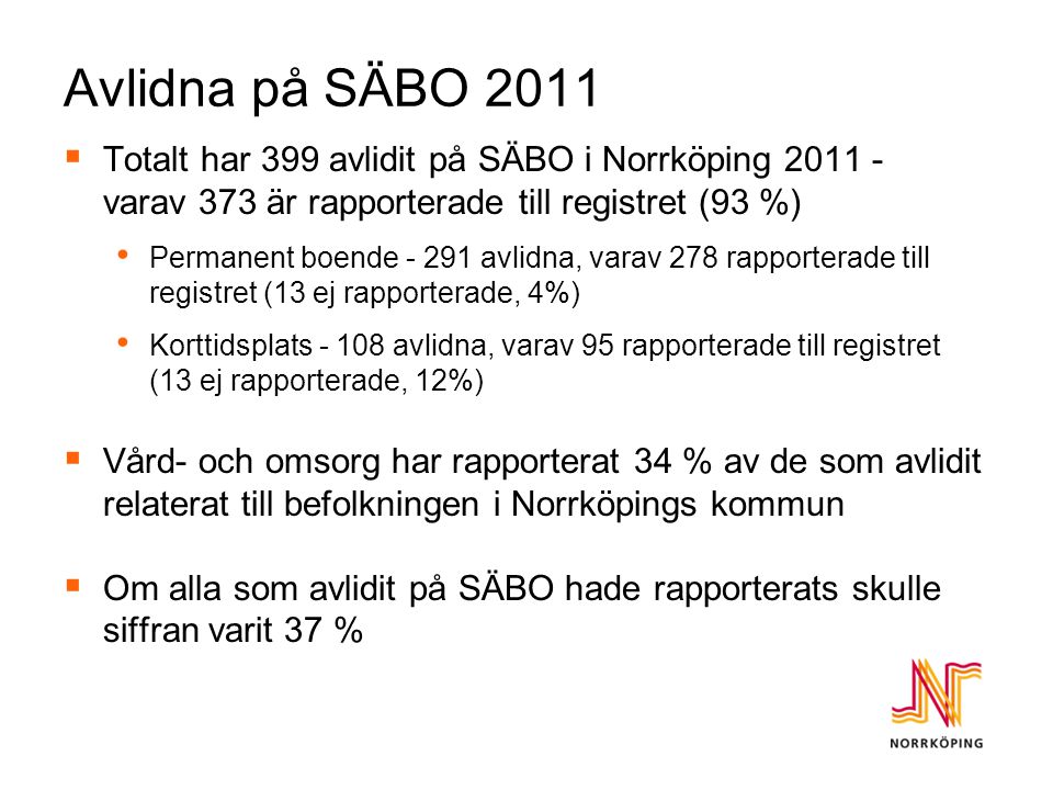 Avlidna på SÄBO 2011  Totalt har 399 avlidit på SÄBO i Norrköping varav 373 är rapporterade till registret (93 %) Permanent boende avlidna, varav 278 rapporterade till registret (13 ej rapporterade, 4%) Korttidsplats avlidna, varav 95 rapporterade till registret (13 ej rapporterade, 12%)  Vård- och omsorg har rapporterat 34 % av de som avlidit relaterat till befolkningen i Norrköpings kommun  Om alla som avlidit på SÄBO hade rapporterats skulle siffran varit 37 %