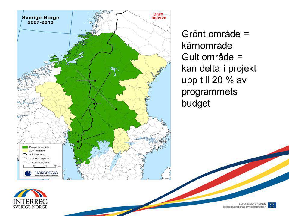 Grönt område = kärnområde Gult område = kan delta i projekt upp till 20 % av programmets budget