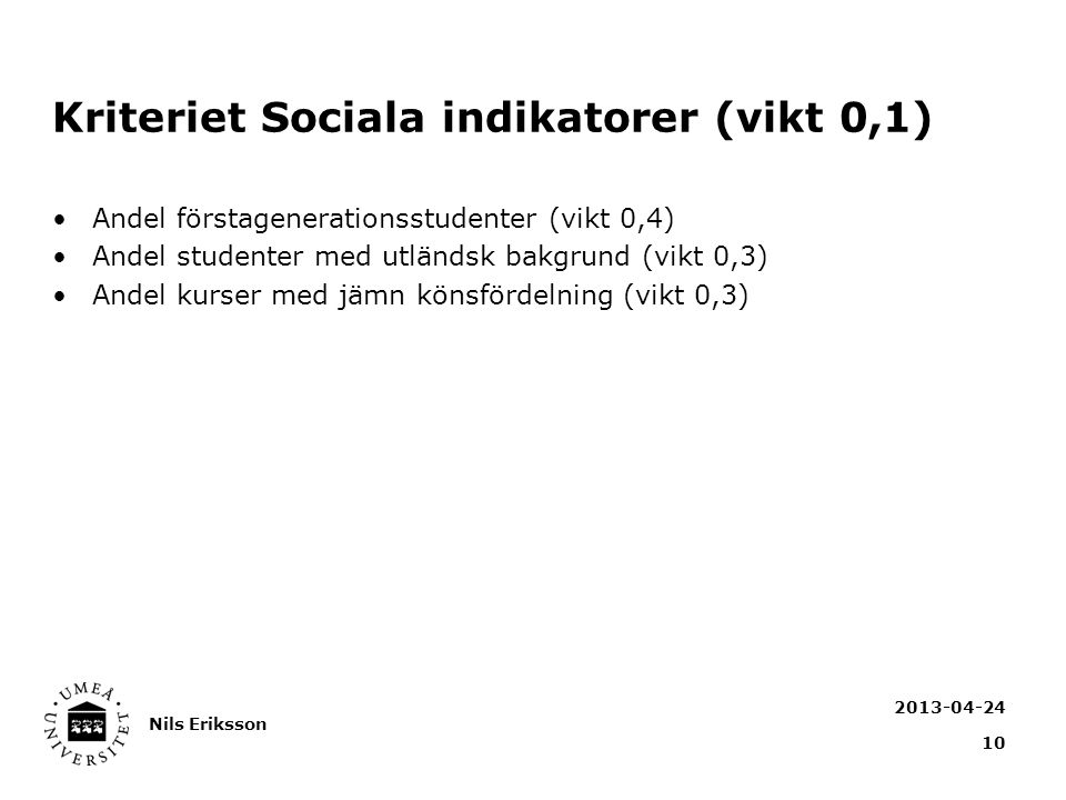 Kriteriet Sociala indikatorer (vikt 0,1) Andel förstagenerationsstudenter (vikt 0,4) Andel studenter med utländsk bakgrund (vikt 0,3) Andel kurser med jämn könsfördelning (vikt 0,3) Nils Eriksson 10