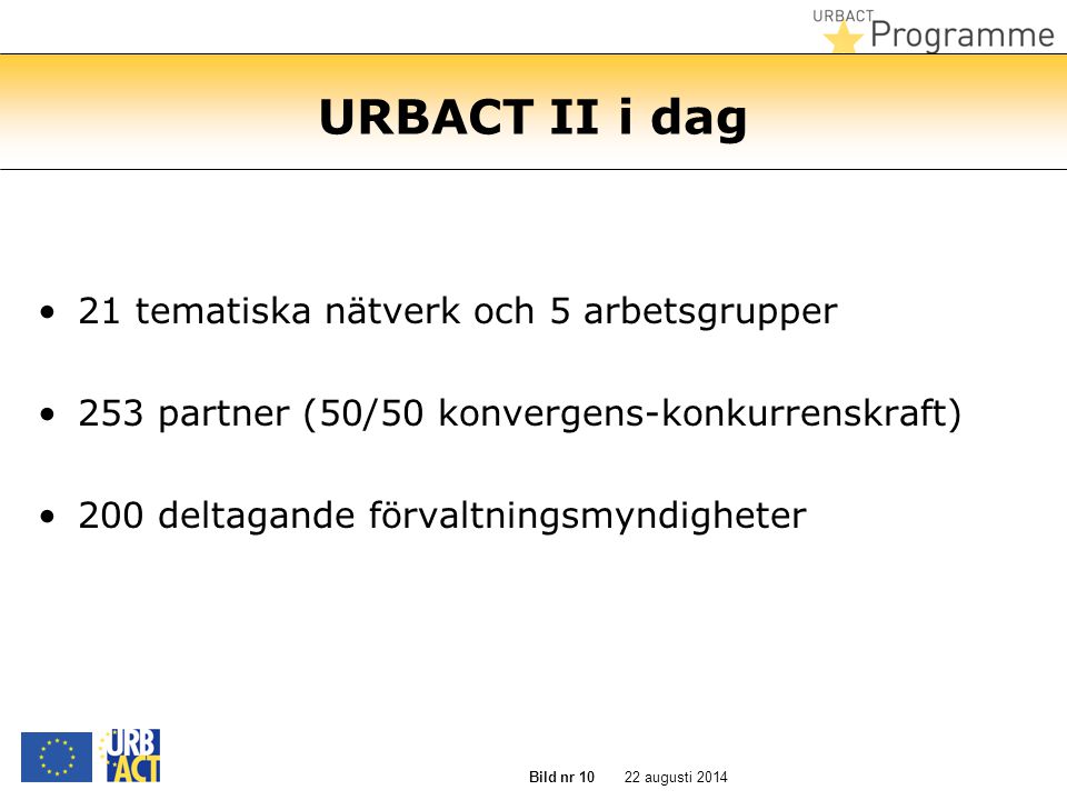 22 augusti 2014 Bild nr 10 URBACT II i dag 21 tematiska nätverk och 5 arbetsgrupper 253 partner (50/50 konvergens-konkurrenskraft) 200 deltagande förvaltningsmyndigheter