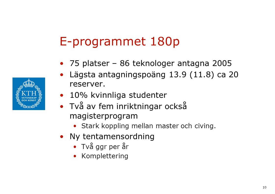 10 E-programmet 180p 75 platser – 86 teknologer antagna 2005 Lägsta antagningspoäng 13.9 (11.8) ca 20 reserver.