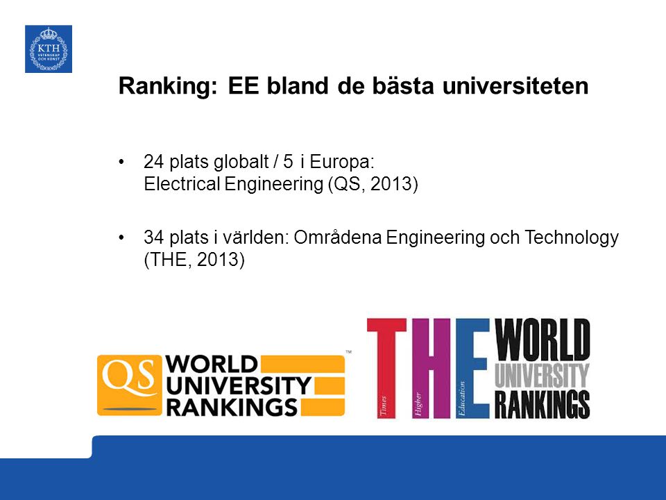 Ranking: EE bland de bästa universiteten 24 plats globalt / 5 i Europa: Electrical Engineering (QS, 2013) 34 plats i världen: Områdena Engineering och Technology (THE, 2013)