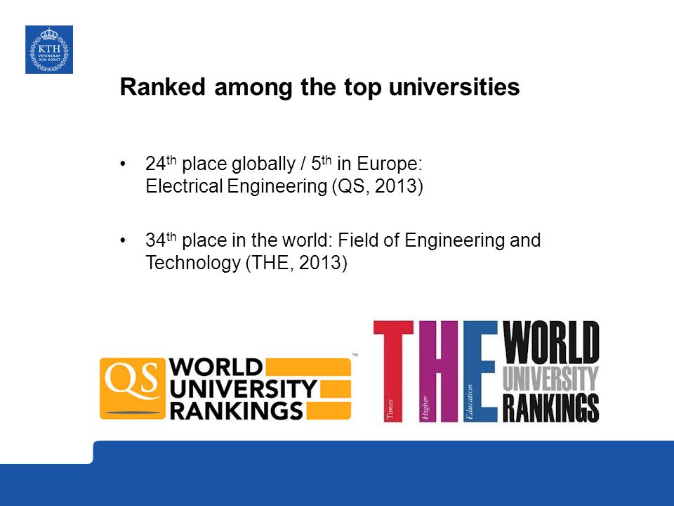 Ranked among the top universities 24 th place globally / 5 th in Europe: Electrical Engineering (QS, 2013) 34 th place in the world: Field of Engineering and Technology (THE, 2013)