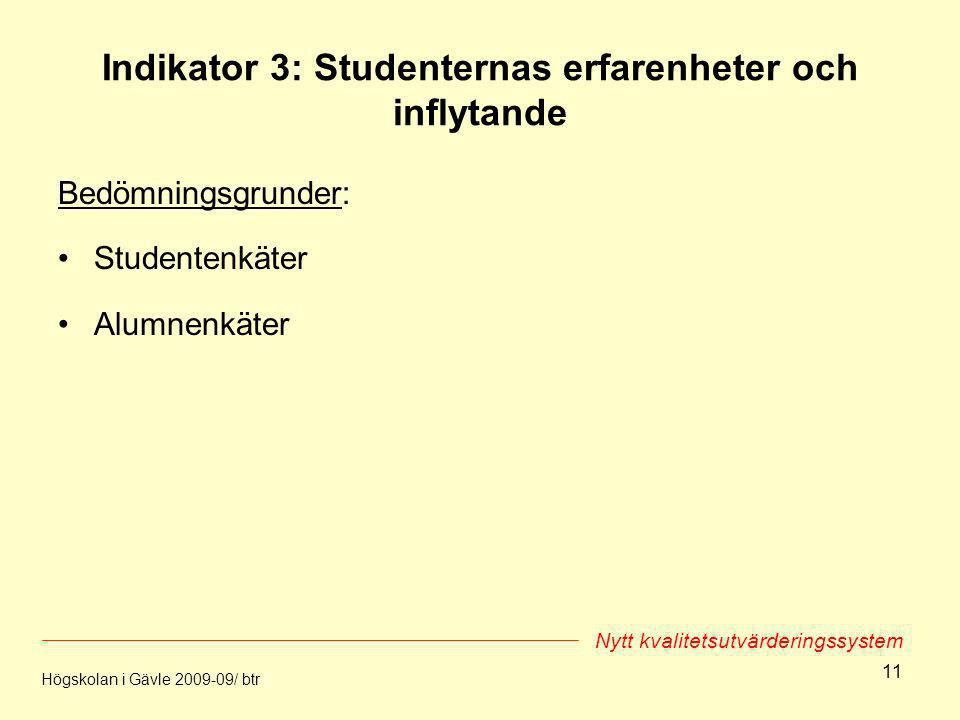11 Indikator 3: Studenternas erfarenheter och inflytande Bedömningsgrunder: Studentenkäter Alumnenkäter Högskolan i Gävle / btr Nytt kvalitetsutvärderingssystem
