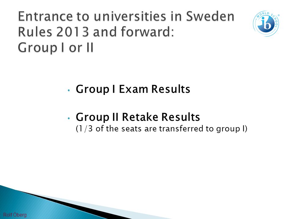 Group I Exam Results Group II Retake Results (1/3 of the seats are transferred to group I) Rolf Öberg