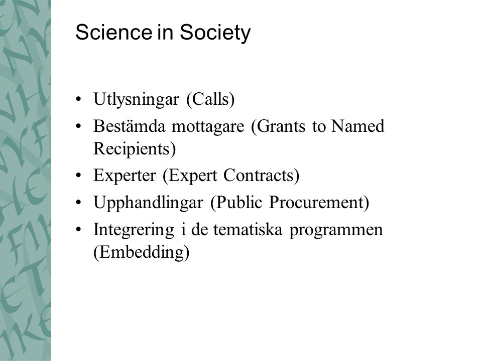 Science in Society Utlysningar (Calls) Bestämda mottagare (Grants to Named Recipients) Experter (Expert Contracts) Upphandlingar (Public Procurement) Integrering i de tematiska programmen (Embedding)