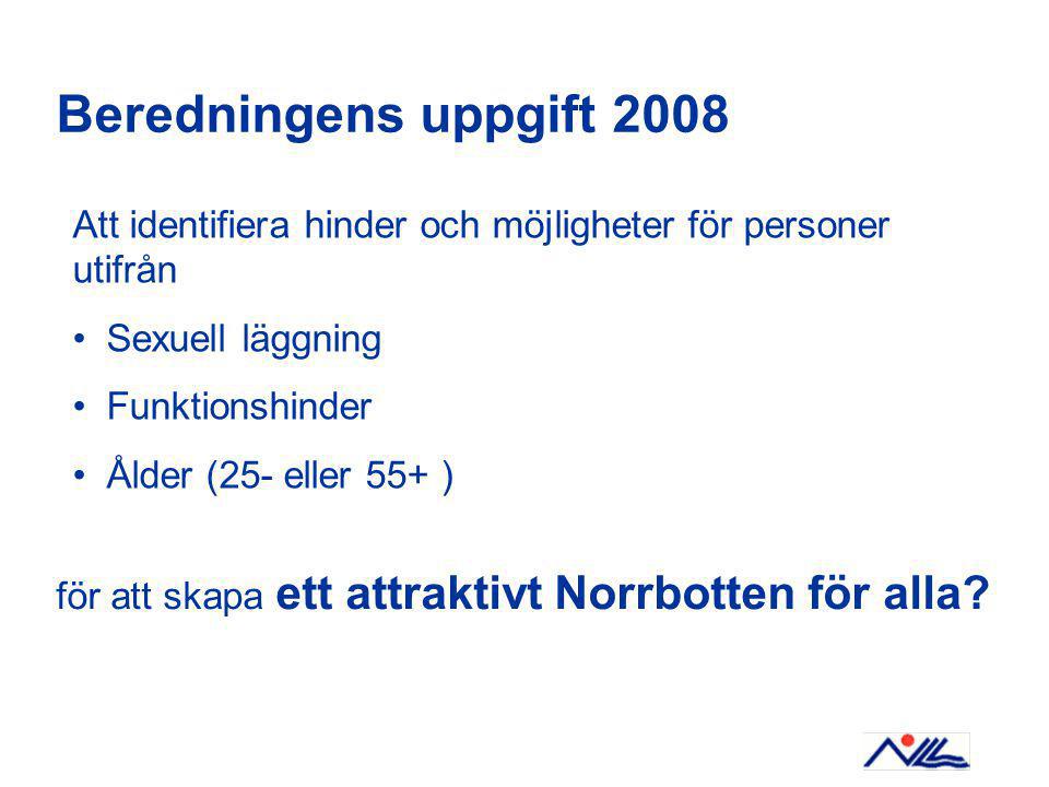 Beredningens uppgift 2008 Att identifiera hinder och möjligheter för personer utifrån Sexuell läggning Funktionshinder Ålder (25- eller 55+ ) för att skapa ett attraktivt Norrbotten för alla