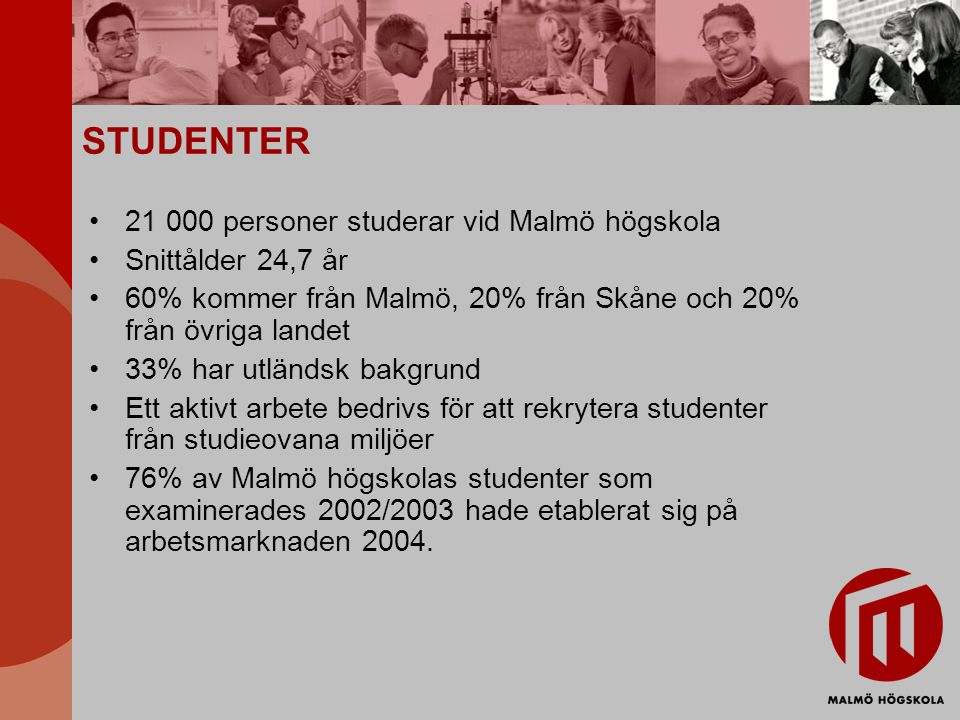 STUDENTER personer studerar vid Malmö högskola Snittålder 24,7 år 60% kommer från Malmö, 20% från Skåne och 20% från övriga landet 33% har utländsk bakgrund Ett aktivt arbete bedrivs för att rekrytera studenter från studieovana miljöer 76% av Malmö högskolas studenter som examinerades 2002/2003 hade etablerat sig på arbetsmarknaden 2004.