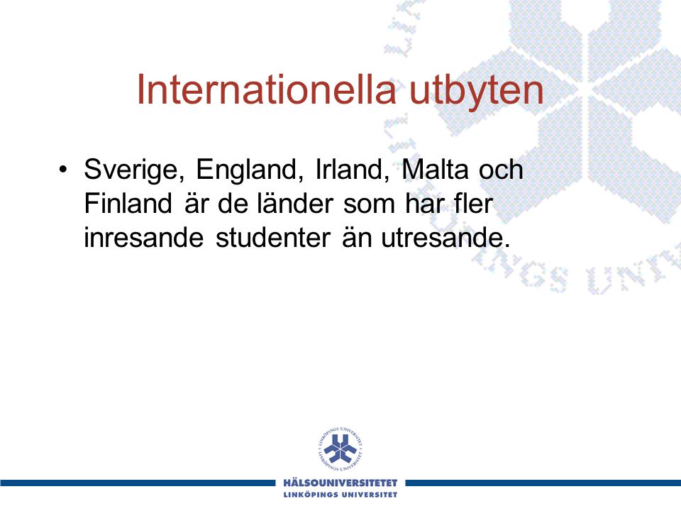 Internationella utbyten Sverige, England, Irland, Malta och Finland är de länder som har fler inresande studenter än utresande.