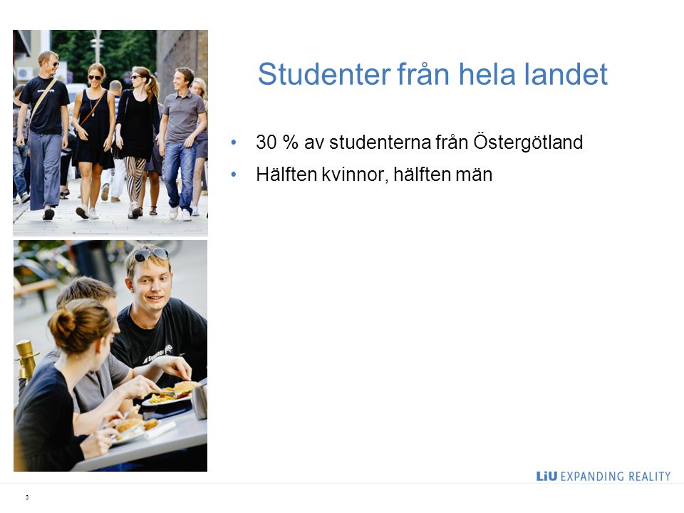 Studenter från hela landet 30 % av studenterna från Östergötland Hälften kvinnor, hälften män 3