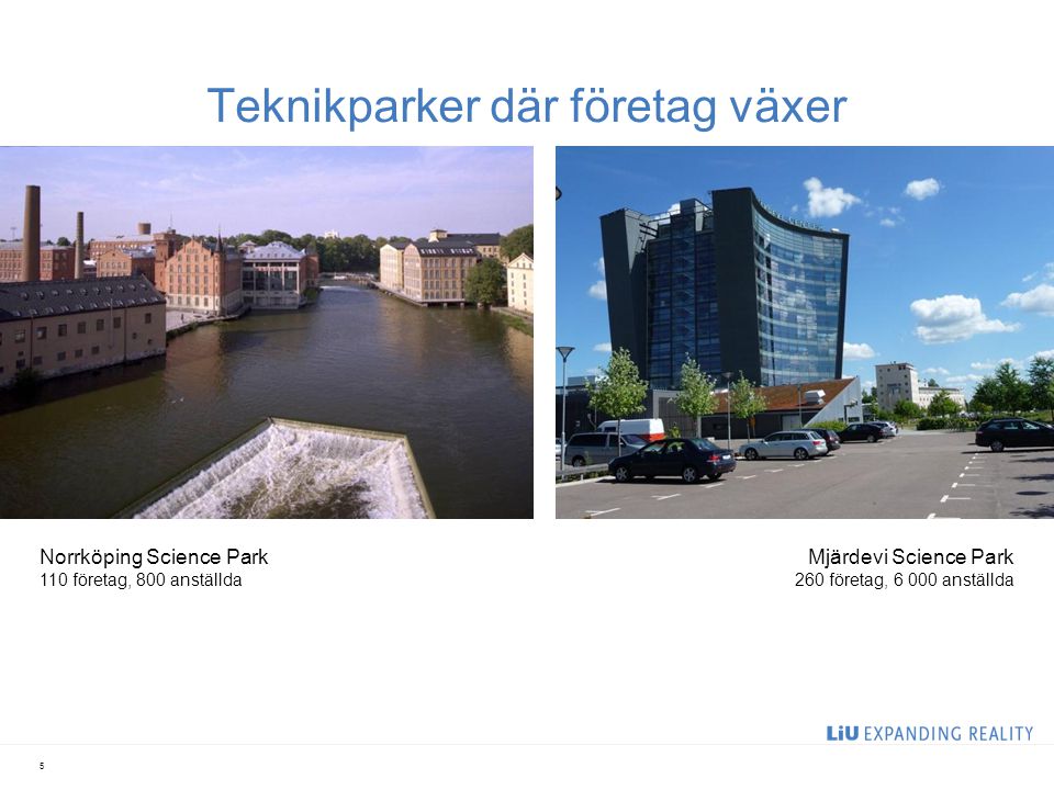 Teknikparker där företag växer 5 Norrköping Science Park 110 företag, 800 anställda Mjärdevi Science Park 260 företag, anställda