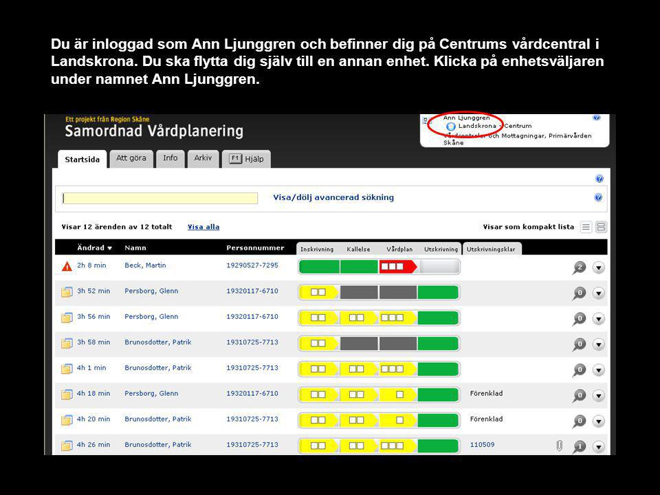Du är inloggad som Ann Ljunggren och befinner dig på Centrums vårdcentral i Landskrona.