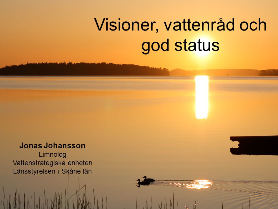 Visioner, vattenråd och god status Jonas Johansson Limnolog Vattenstrategiska enheten Länsstyrelsen i Skåne län