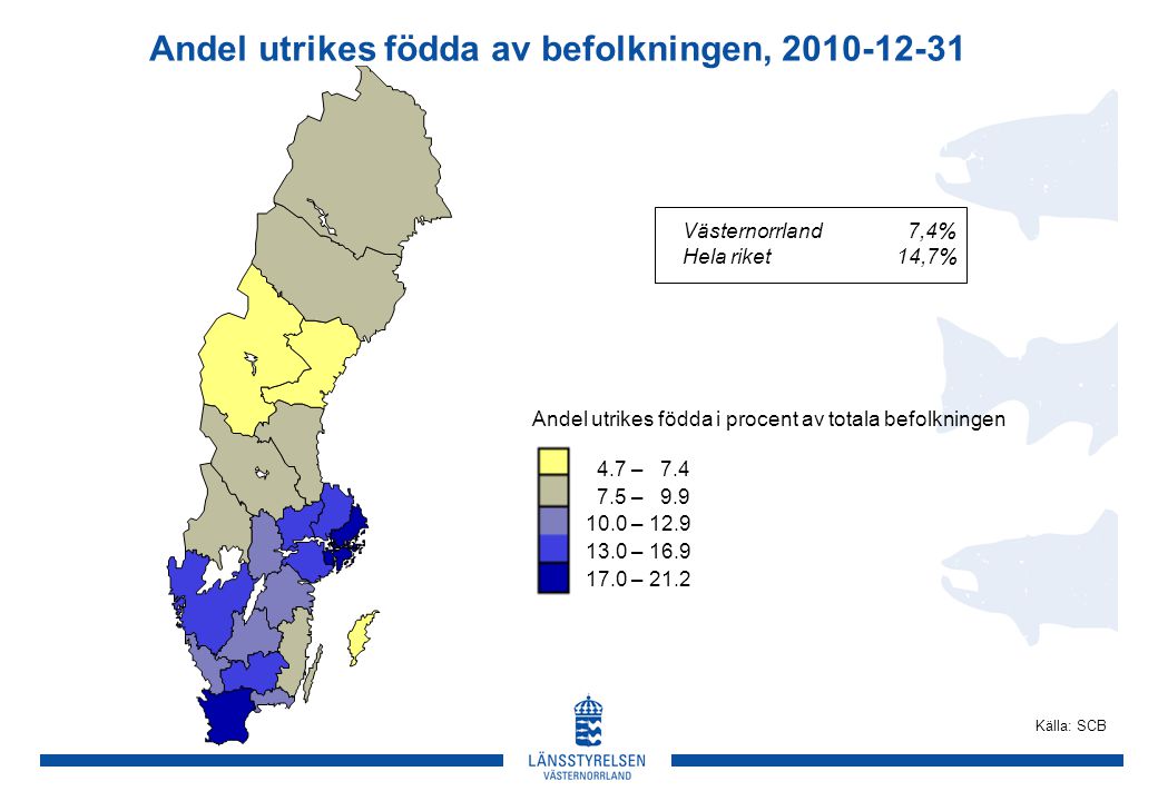 Andel utrikes födda av befolkningen, Källa: SCB Västernorrland 7,4% Hela riket 14,7% Andel utrikes födda i procent av totala befolkningen 4.7 – – – – – 21.2