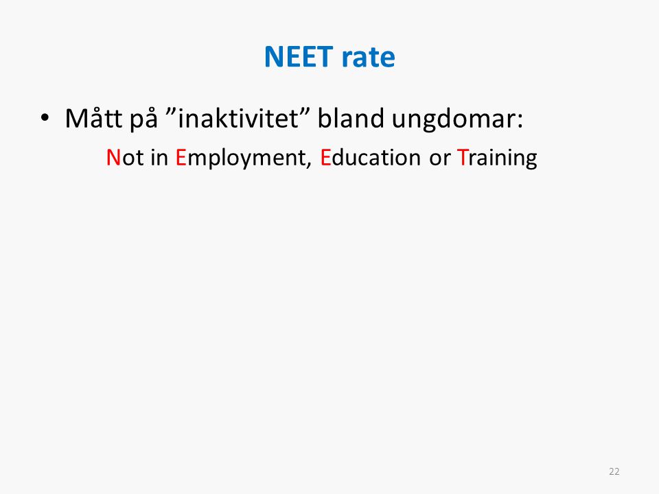 NEET rate Mått på inaktivitet bland ungdomar: Not in Employment, Education or Training 22