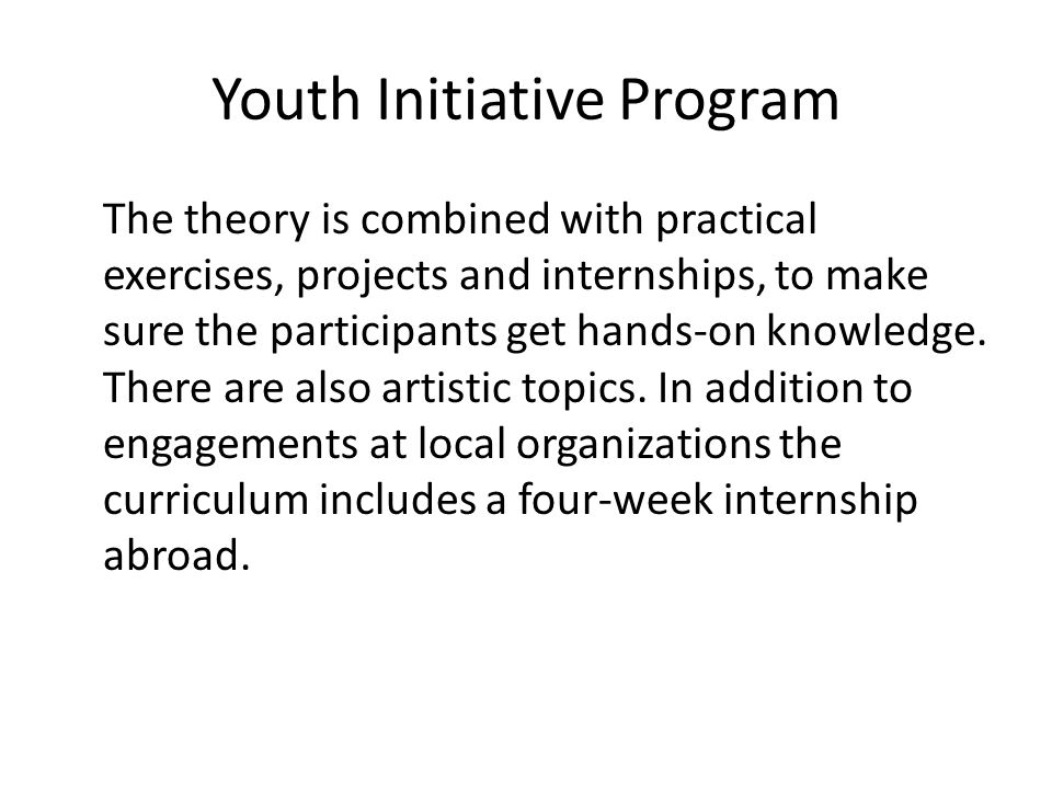Youth Initiative Program The theory is combined with practical exercises, projects and internships, to make sure the participants get hands-on knowledge.