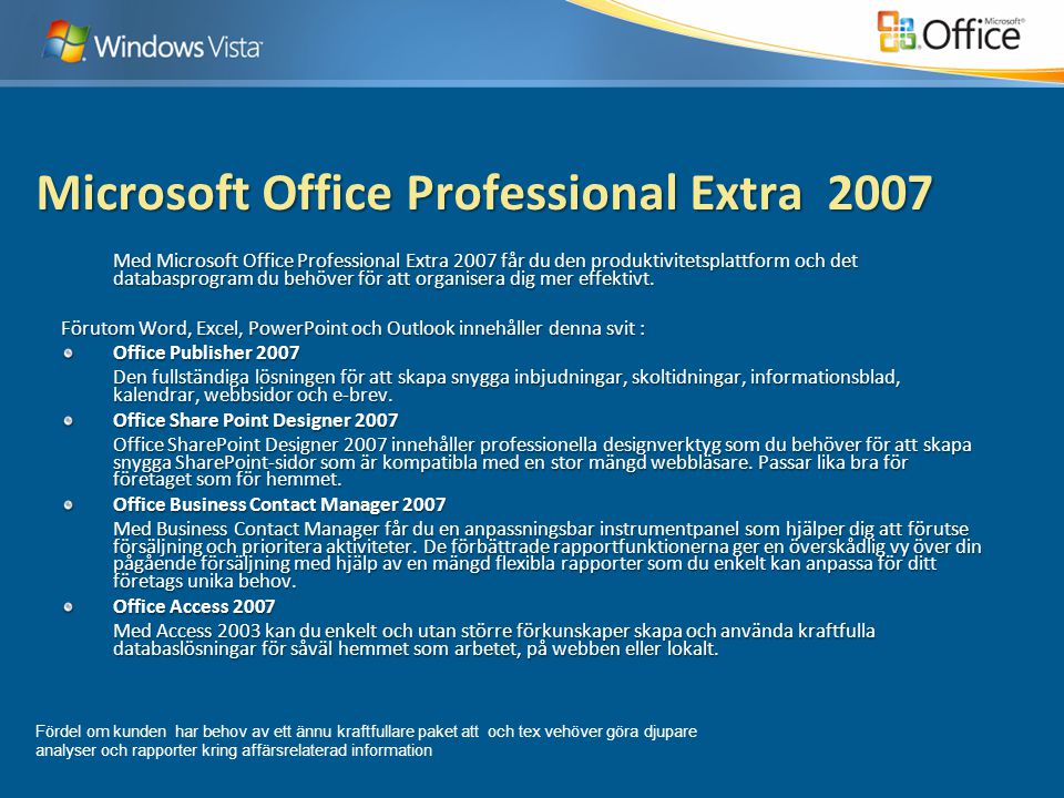 Microsoft Office Professional Extra 2007 Med Microsoft Office Professional Extra 2007 får du den produktivitetsplattform och det databasprogram du behöver för att organisera dig mer effektivt.
