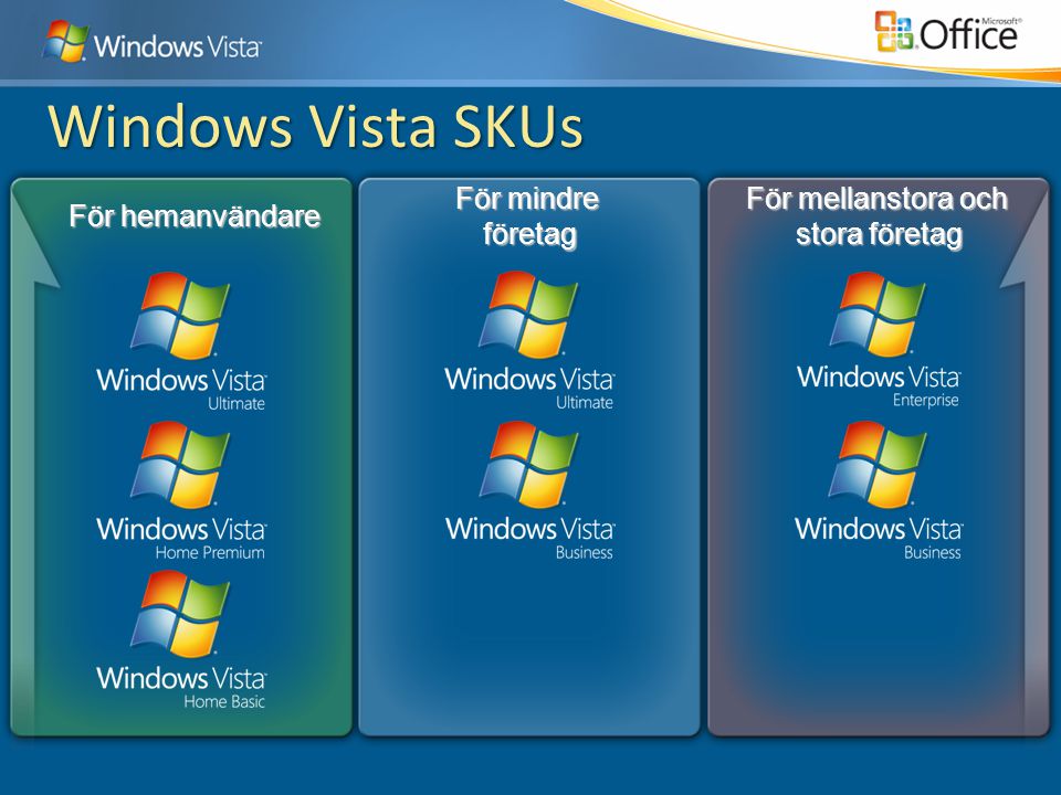 För hemanvändare För mellanstora och stora företag För mindre företag Windows Vista SKUs