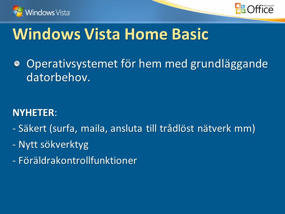 Windows Vista Home Basic Operativsystemet för hem med grundläggande datorbehov.
