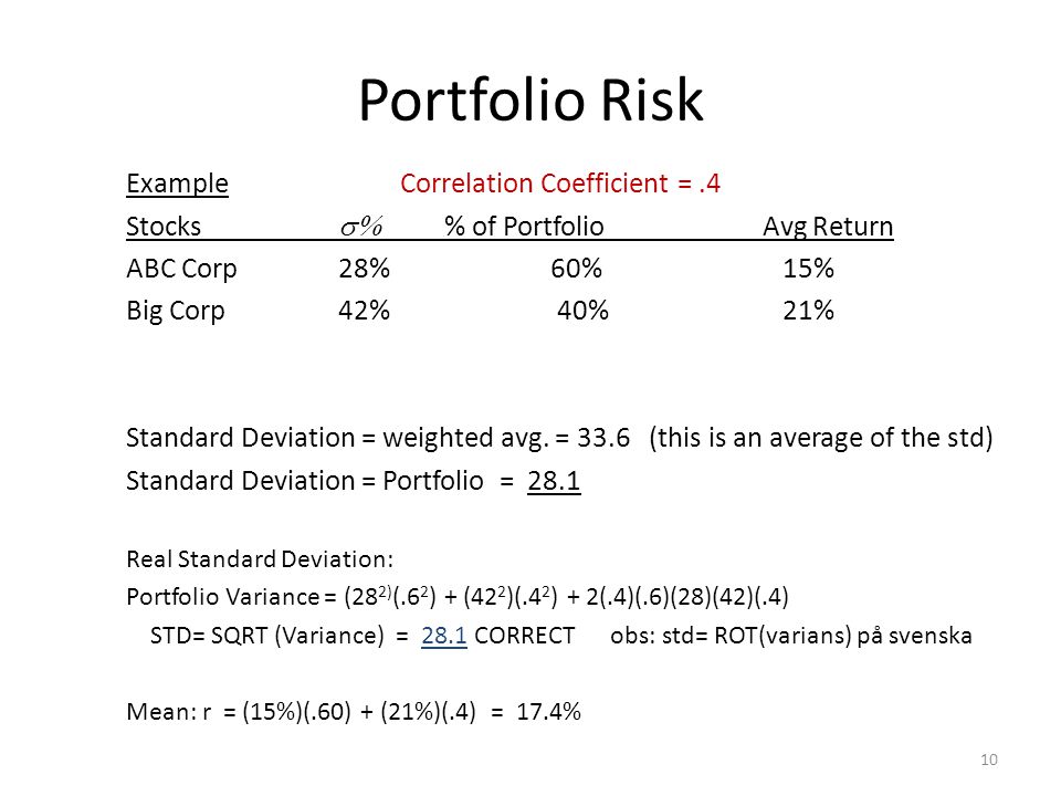 Portfolio Risk Example Correlation Coefficient =.4 Stocks  % of PortfolioAvg Return ABC Corp28%60% 15% Big Corp 42% 40% 21% Standard Deviation = weighted avg.