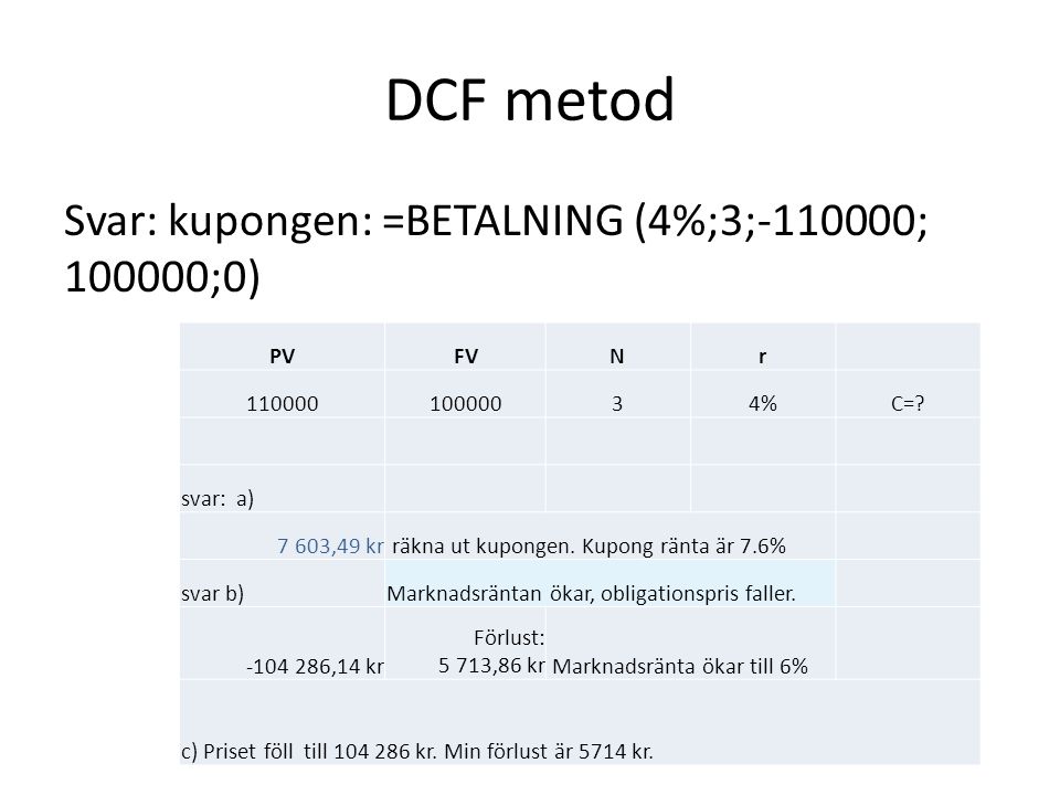 DCF metod Svar: kupongen: =BETALNING (4%;3; ; ;0) PVFVNr %C=.