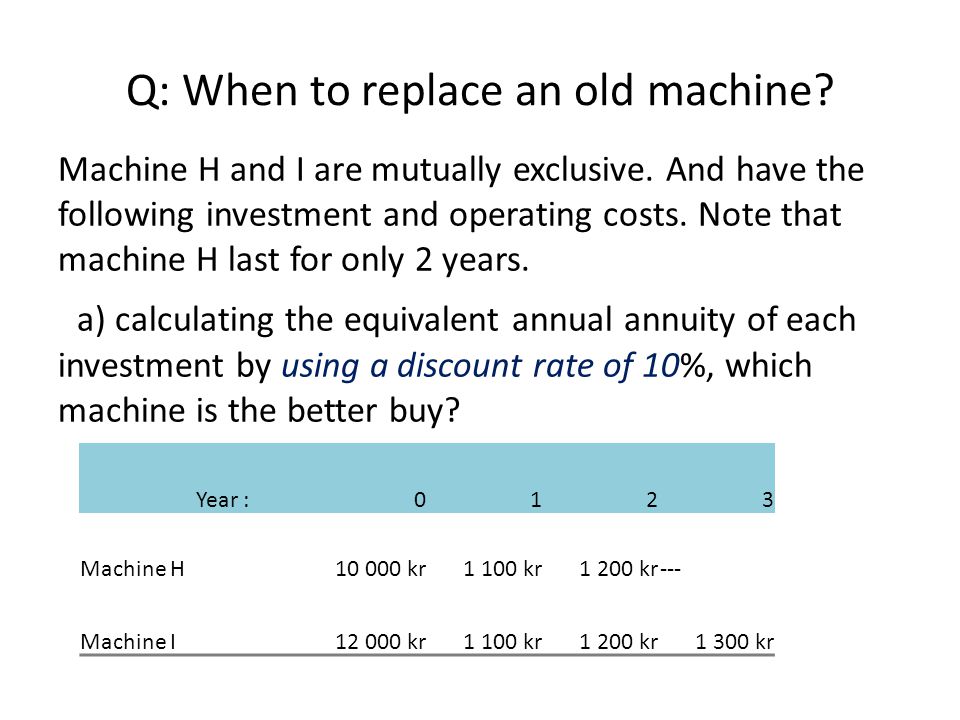 Q: When to replace an old machine. Machine H and I are mutually exclusive.