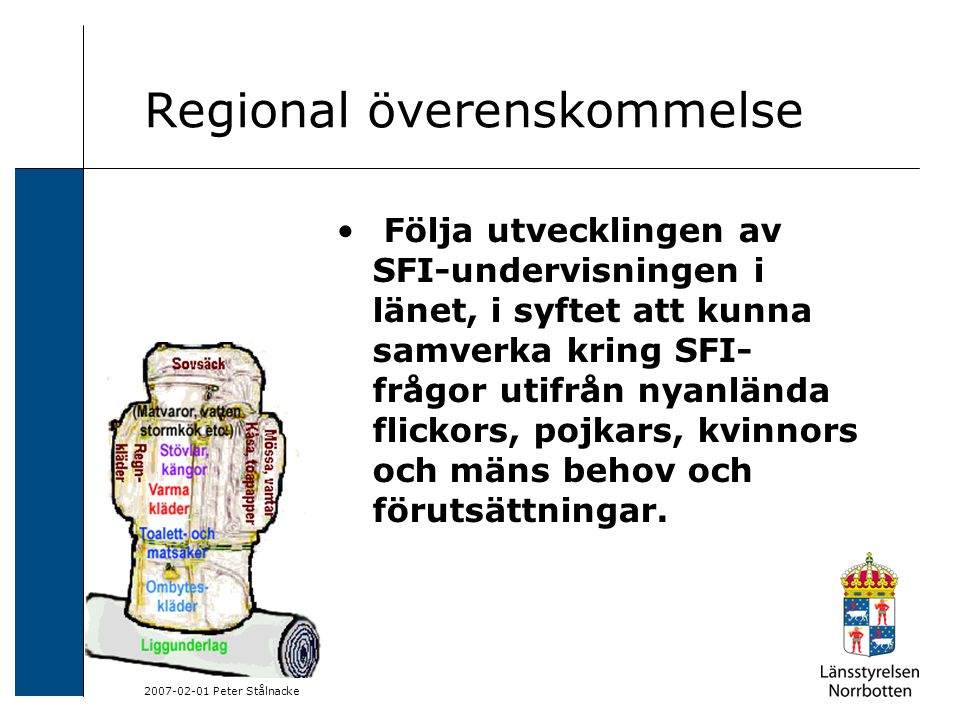 Peter Stålnacke Regional överenskommelse Följa utvecklingen av SFI-undervisningen i länet, i syftet att kunna samverka kring SFI- frågor utifrån nyanlända flickors, pojkars, kvinnors och mäns behov och förutsättningar.