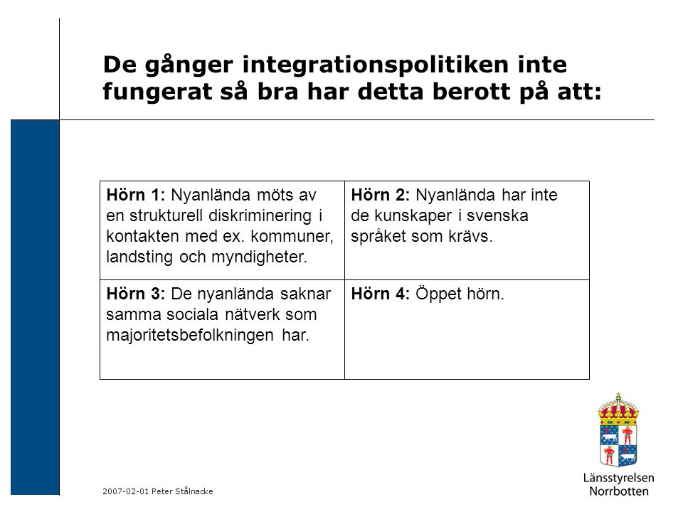Peter Stålnacke De gånger integrationspolitiken inte fungerat så bra har detta berott på att: Hörn 1: Nyanlända möts av en strukturell diskriminering i kontakten med ex.