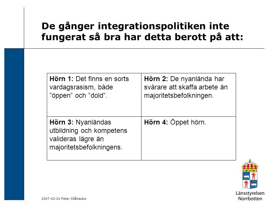 Peter Stålnacke De gånger integrationspolitiken inte fungerat så bra har detta berott på att: Hörn 1: Det finns en sorts vardagsrasism, både öppen och dold .
