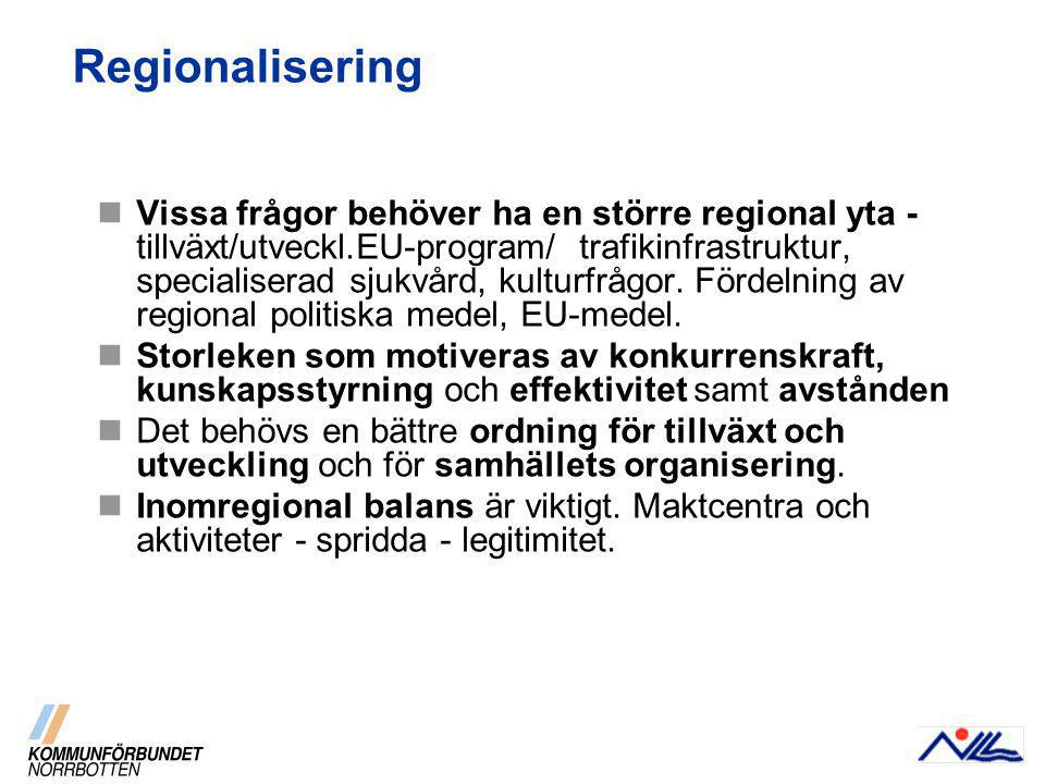 Regionalisering Vissa frågor behöver ha en större regional yta - tillväxt/utveckl.EU-program/ trafikinfrastruktur, specialiserad sjukvård, kulturfrågor.