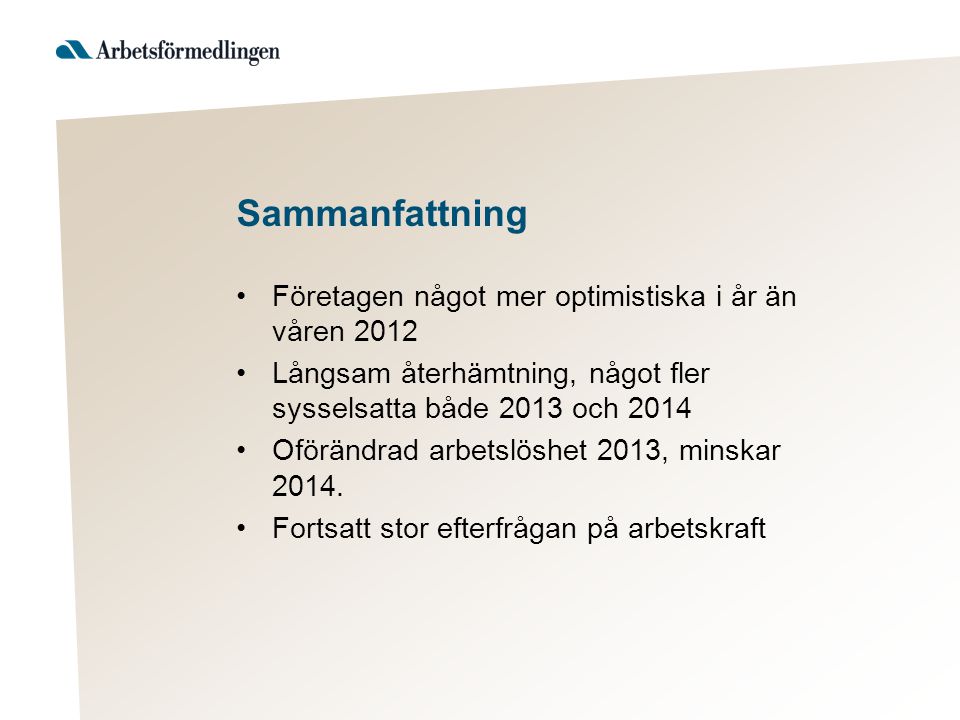 Sammanfattning Företagen något mer optimistiska i år än våren 2012 Långsam återhämtning, något fler sysselsatta både 2013 och 2014 Oförändrad arbetslöshet 2013, minskar 2014.