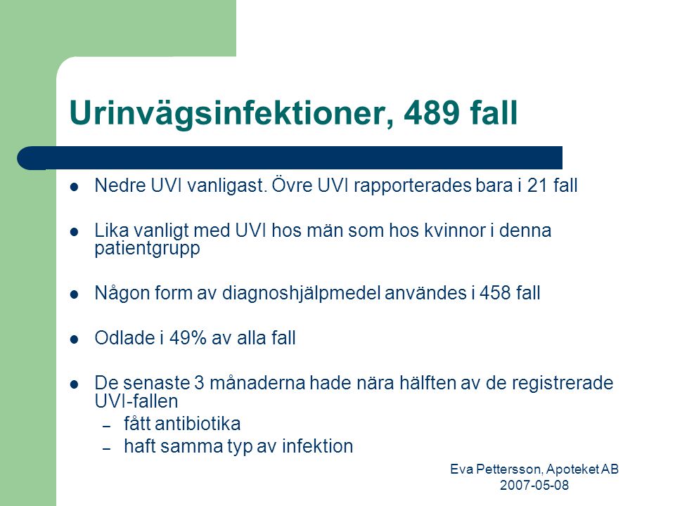 Eva Pettersson, Apoteket AB Urinvägsinfektioner, 489 fall Nedre UVI vanligast.