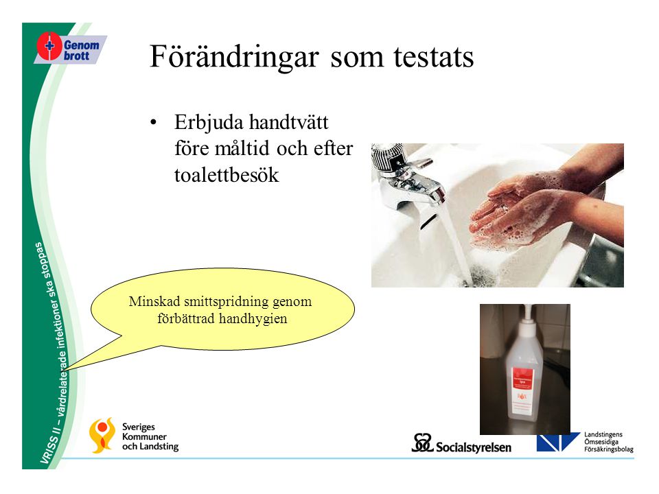 Förändringar som testats Erbjuda handtvätt före måltid och efter toalettbesök Minskad smittspridning genom förbättrad handhygien